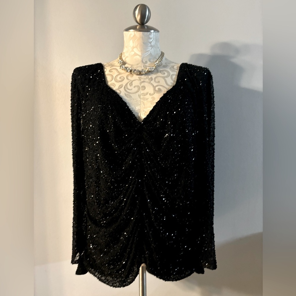 Marina Black Sheer Jeweled Long Sleeve Asymmetrical Hem Line Top Size 2X. #L